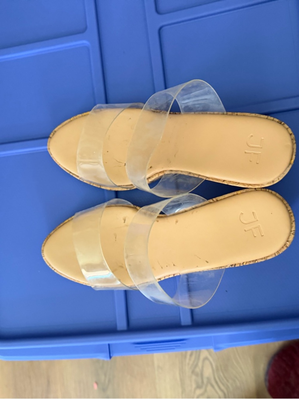 JustFab Clear Double-Strap Slide Sandals in Tan